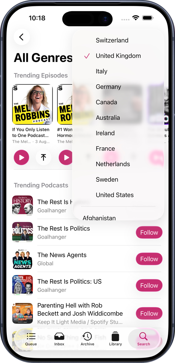 JollyPod search screen inside an iPhone, with country selection and trending podcasts