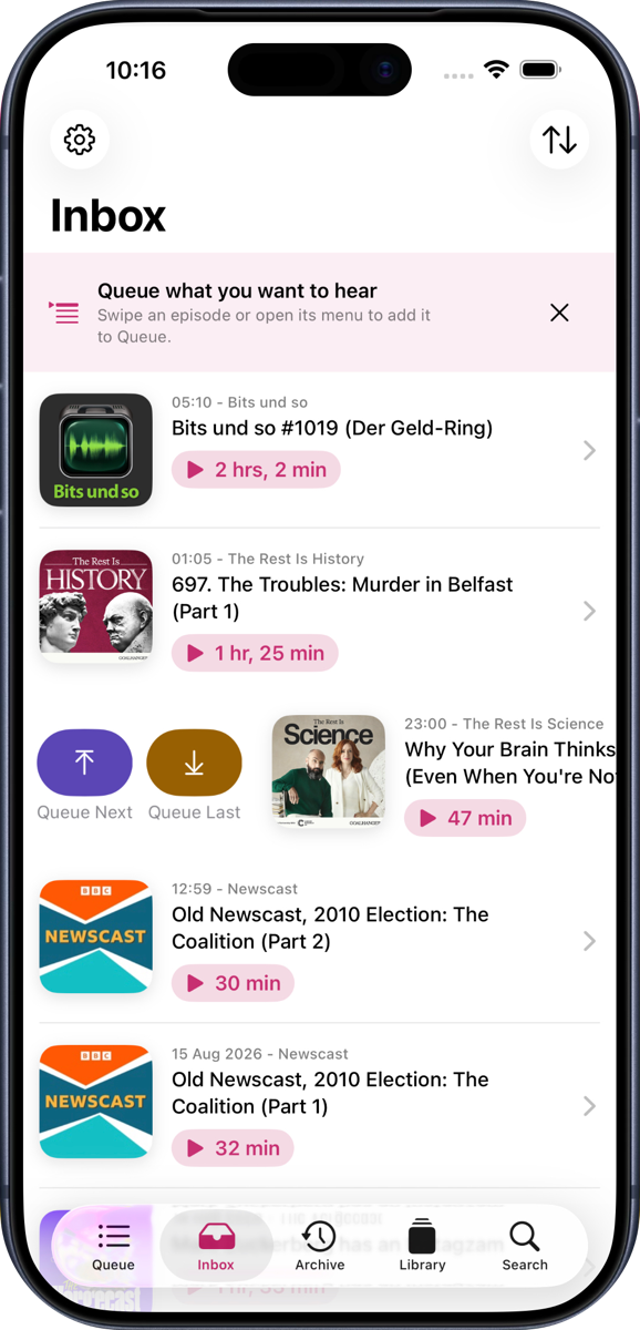 JollyPod inbox screen inside an iPhone, showing podcast episodes and queue actions