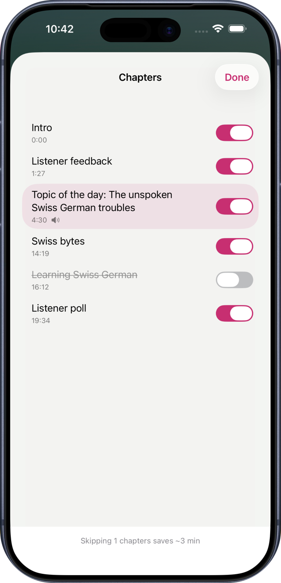JollyPod chapter skipping screen inside an iPhone, with chapter switches