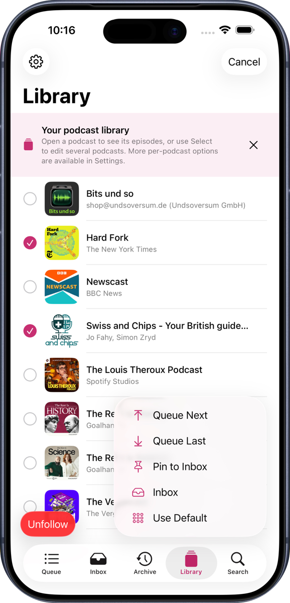 JollyPod library inside an iPhone, with per-podcast settings actions