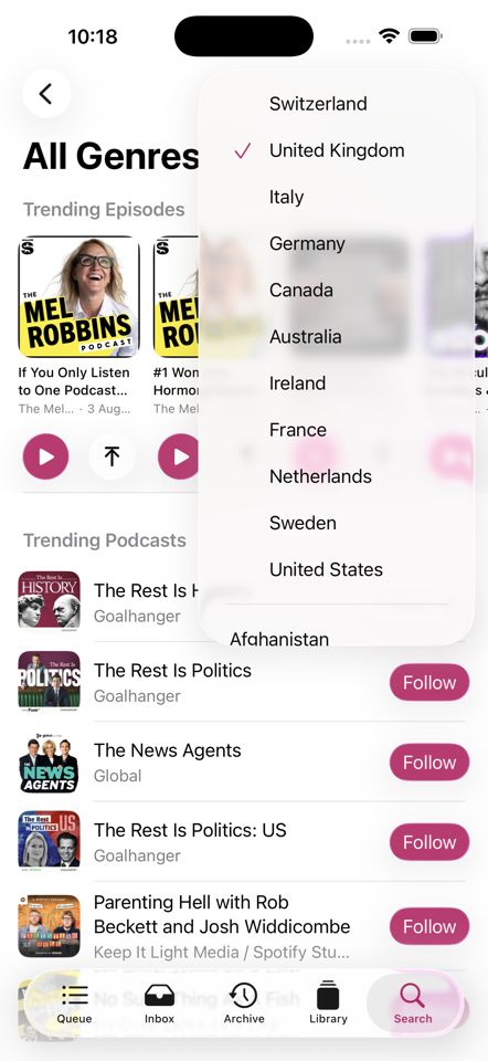 JollyPod search screen with country selection and trending podcasts